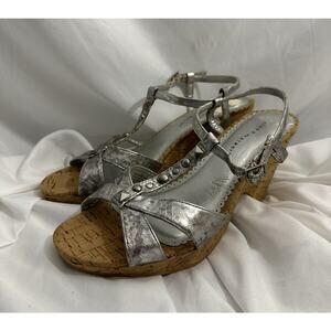 Cloud Walkers Willow Silver Sandal Open Toe Wedge Ankle Strap Studs Cork Heel 9W